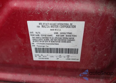 2010 Mazda Mazda6 I Touring Plus from USA, damaged, VIN 1YVHZ8CH4A5M47860